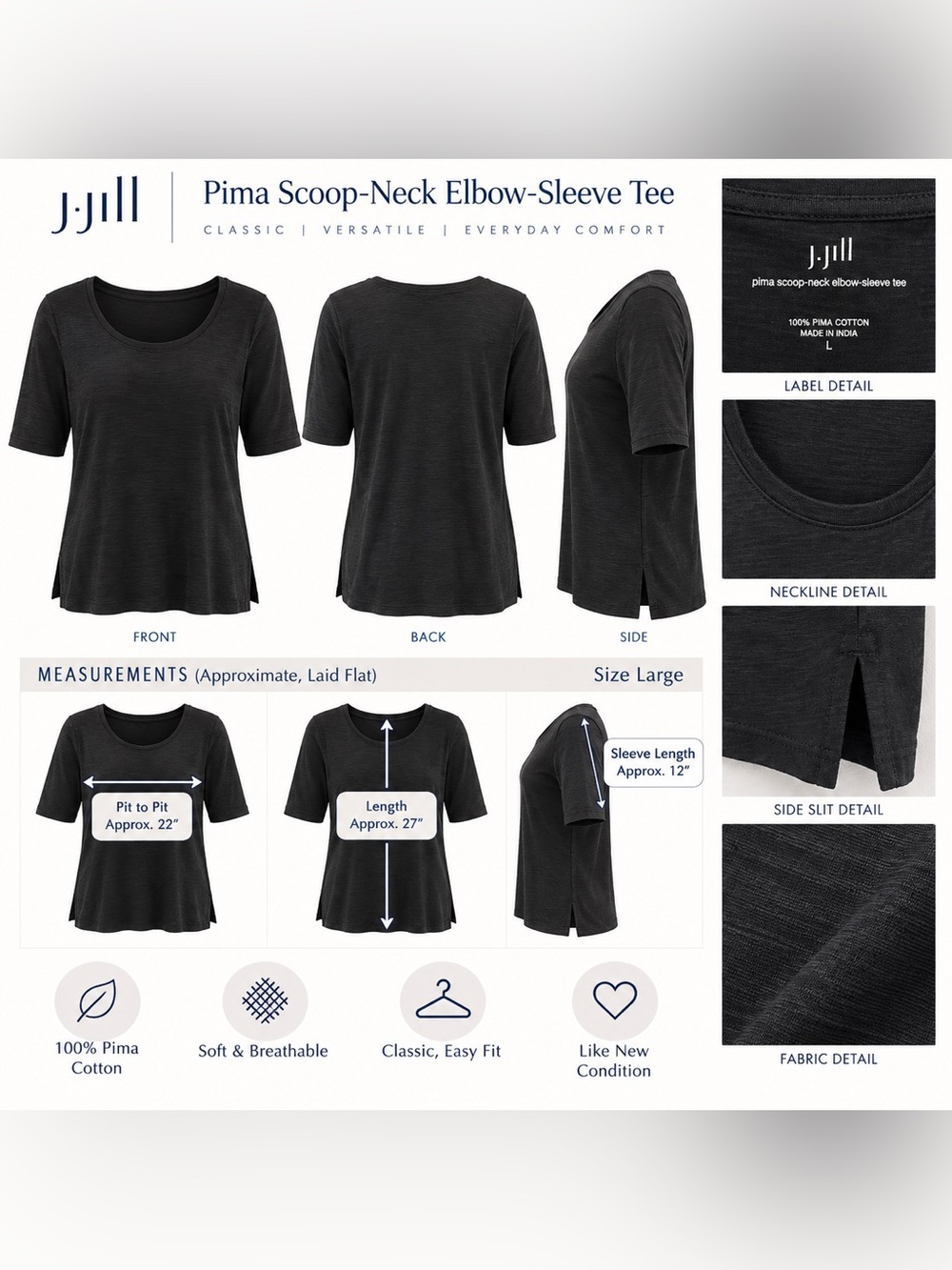 J. Jill Black Pima Scoop-Neck Elbow-Sleeve Tee Like New Large